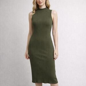 Cloth & Stone Olive Green Ribbed Bodycon Midi Dress XS Sleeveless Minimalist